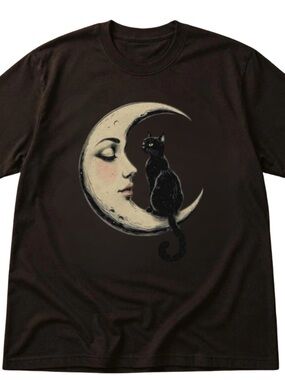 Gildan Tee with Cream Moon & Black Cat Graphic